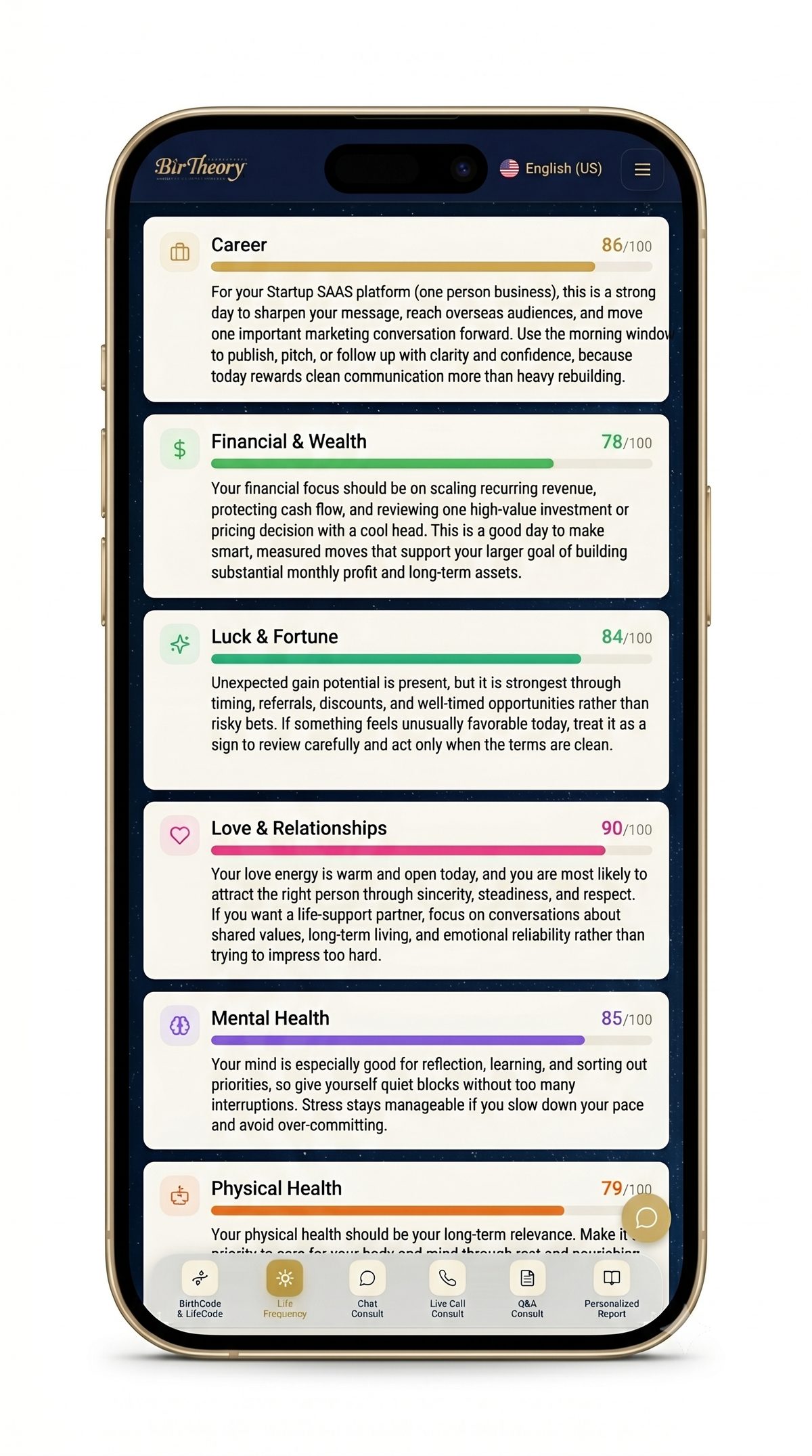 BIRTHEORY Daily Energy Categories — Career, Finance, Love, Mental, Physical, Luck